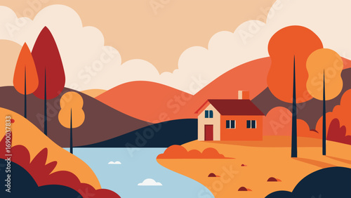 Cozy House by Lake Surrounded by Autumn Trees in Simple Flat Style