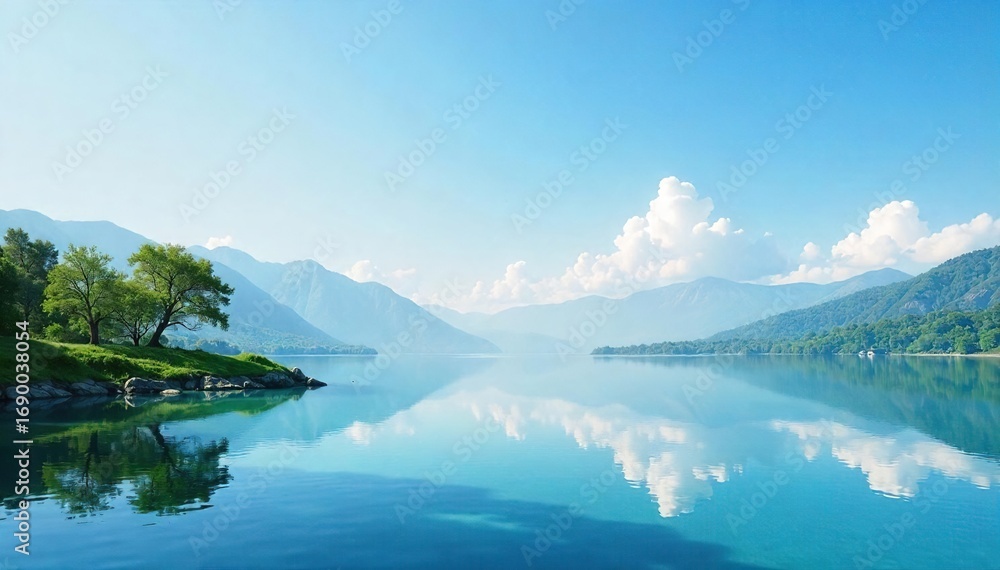 Naklejka premium Serene landscape featuring a tranquil lake reflecting a clear sky, perfect for relaxation and mindfulness Ideal for websites, presentations, or meditation apps , tranquil, meditation