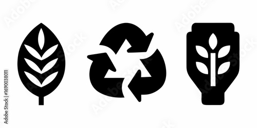 Three black icons representing leaf recycle and plant growth displayed in a row on a white background | editable eps vectors silhouette