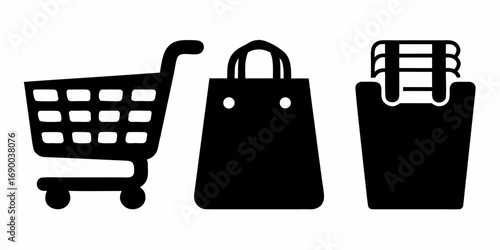 Three shopping related icons including a cart and two bags in black and white illustration style | editable eps vectors silhouette