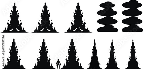 Black Silhouettes of Explosions and a Small Human Figure blast burst