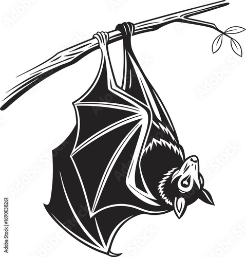 Black and white illustration of a fruit bat hanging upside down from a tree branch animal wildlife