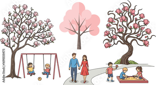 Children playing in park, kids on swings, family walking together, sandbox fun activity, spring blossom trees, outdoor leisure lifestyle illustration