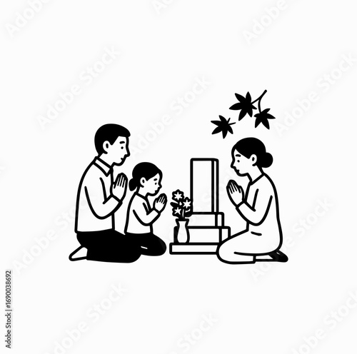 Family Visiting Grave Silhouette – Japanese Autumn Equinox Tradition