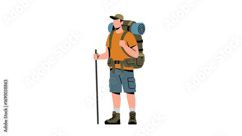Minimalist vector illustration of a hiking man with backpack and walking stick in outdoor adventure style