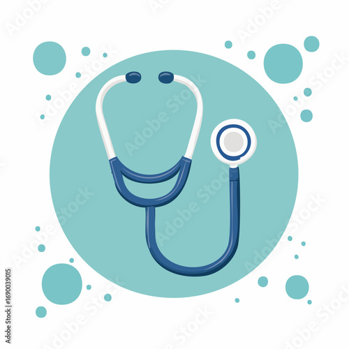 A blue and white stethoscope icon, a medical instrument for health diagnosis, on a light blue circular background with decorative bubbles.
