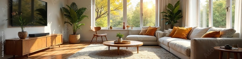 Fototapeta premium Cozy and inviting living room interior with comfortable furniture, natural light streaming through large windows, and stylish decor Perfect for relaxation and family time , coffee table, window