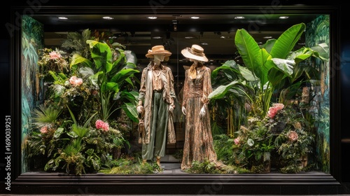 Elegant Fashion Display in Urban Boutique Featuring Stylish Mannequins Surrounded by Lush Tropical Plants and Floral Arrangements