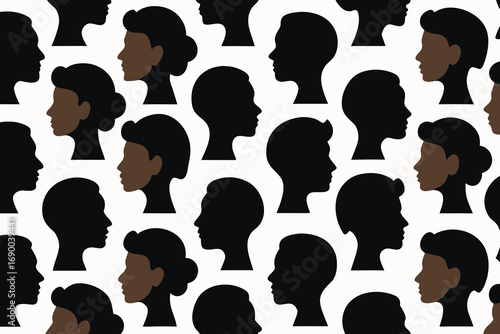 Diverse Silhouettes Pattern Black and Brown Faces on Cream Background, Minimalist Design