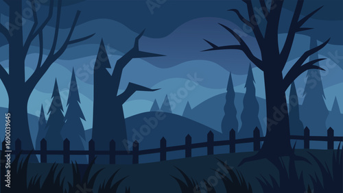 Eerie Blue Landscape Silhouetted Trees, Rolling Hills, and a Spooky Picket Fence