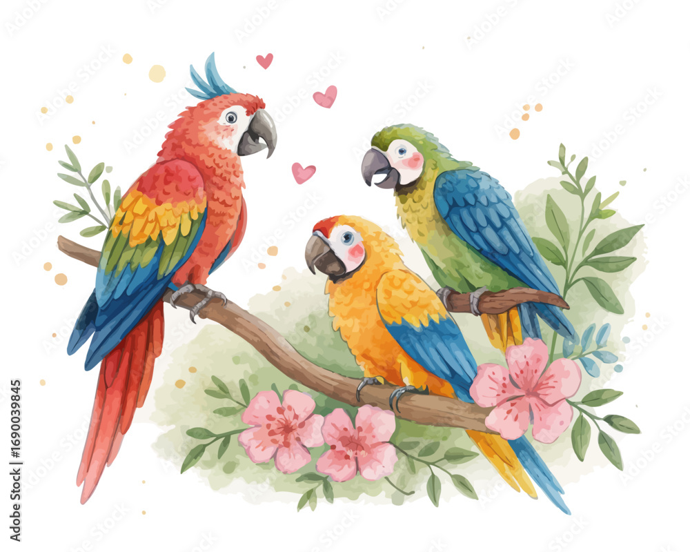 Naklejka premium cute Watercolor exotic parrot birds