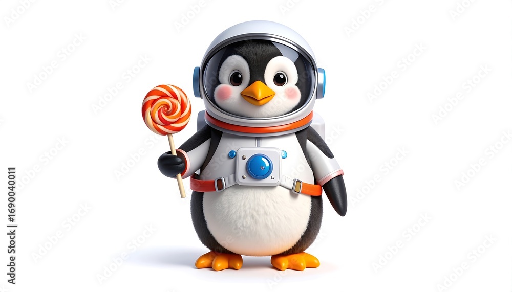 Obraz premium Penguin Astronaut Holding Lollipop Cartoon Character Isolated