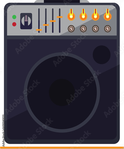 Flat illustration of music effect pedals with vibrant buttons and dials.
