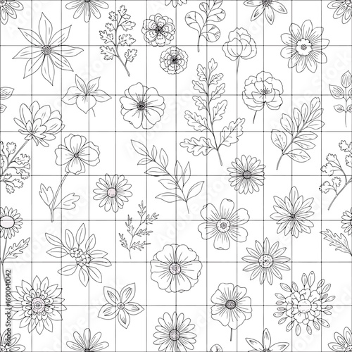 Wallpaper Mural Floral pattern background with hand drawn flowers and leaves on a grid layout, patern seamless, Stock royalty. Torontodigital.ca