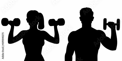 Silhouette of a woman and man lifting dumbbells in a fitness or gym setting doing exercise and weight training | editable eps vectors
