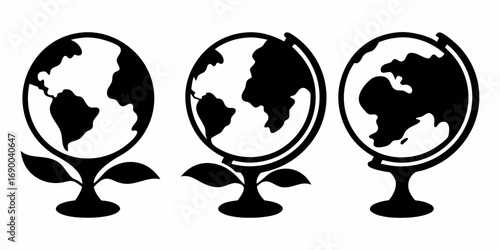 Three globes on stands with leaves in black and white showing continents and oceans of the world map | editable eps vectors silhouette