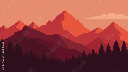 Flat Design of Majestic Mountains and Forest at Sunset, Silhouette in Red and Orange