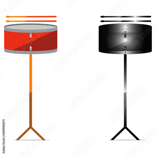 Modern flat design of paired snare drums with colorful and monochrome finishes, isolated on white.