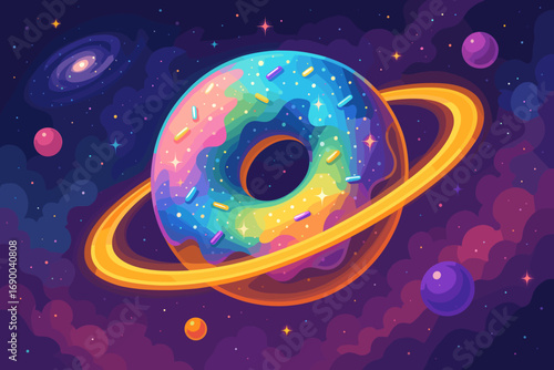 Cosmic Donut Planet Floating in a Vibrant Galaxy Illustration