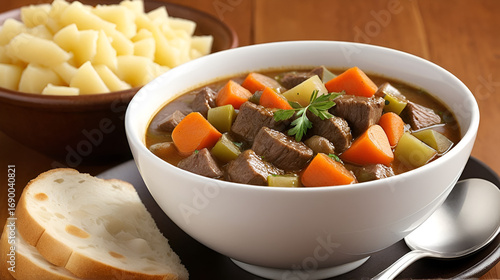 Beef stew, a dish consists of beef, vegetables, and broth. It is slow cooked to tenderize the meat and  meld the flavors.