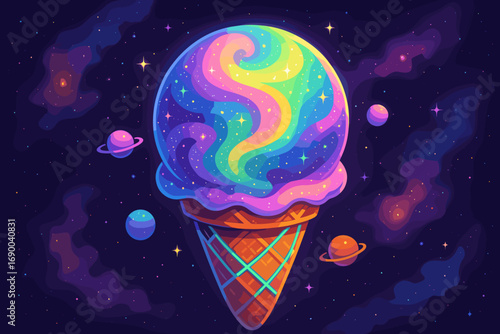 Psychedelic rainbow ice cream planet floating in a cosmic galaxy, a vibrant surreal vector illustration