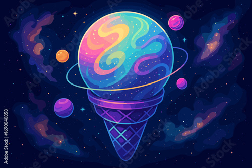 Cosmic Confection A Colorful Ice Cream Planet in the Vast Universe, Galaxy Illustration
