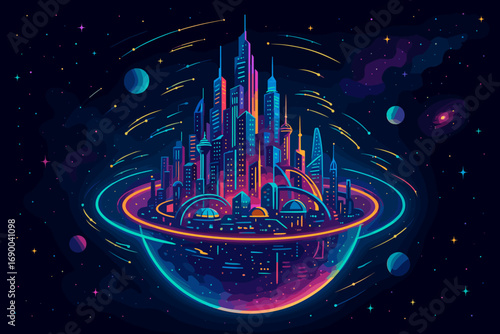 Futuristic cyberpunk city asset glowing with neon lights on a celestial planet with rings in outer space vector