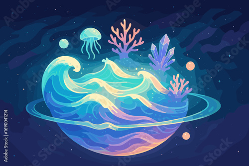 Whimsical Ocean Planet Vector Illustration with Vibrant Marine Life and Mystical Crystals in a Cosmic Sea