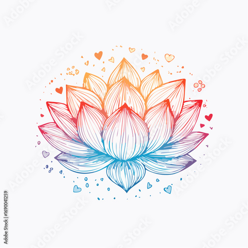 Colorful sketch of a sacred lotus flower with love hearts, a vibrant spiritual symbol for meditation and harmony