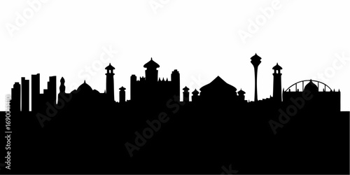 Silhouette of a city skyline with various buildings towers and domes against a white background creating contrast | editable eps vectors