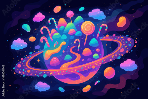 Sweet Planet Vector Illustration with Candy and Neon Colors