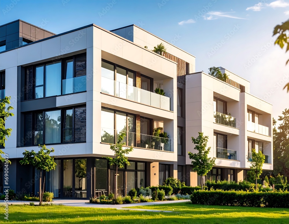 Fototapeta premium Modern apartment complex in a park-like setting