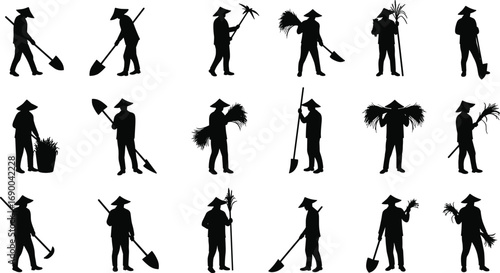 Farmer silhouette, agriculture worker vector, rural man with shovel, rice field labor, farming illustration, harvest worker clipart, black farm lifestyle