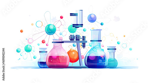 laboratory microscope with colorful beakers on white background