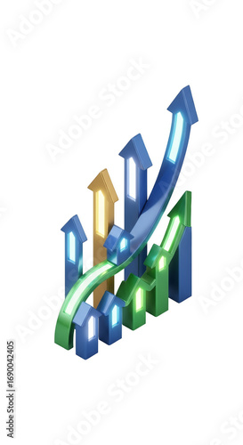Growth Chart: An upward trending chart with multiple colored arrows, symbolizing growth, progress, and improvement. A perfect visual for business presentations or financial analysis. 