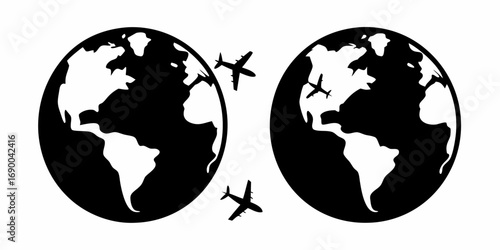 Two globes depicted in black and white with airplanes flying around them in a simple graphic design style | editable eps vectors silhouette