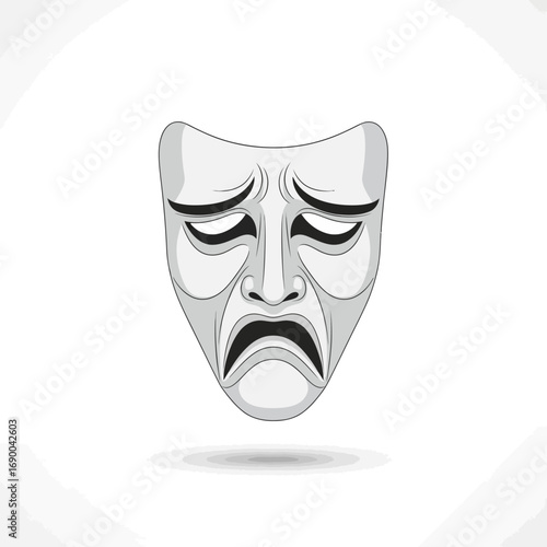 Gray theatrical mask depicting sadness, sorrowful expression