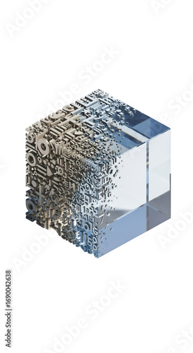 Digital Cube: An intriguing digital art piece showcasing a cube undergoing a transformation, with textures and elements changing, representing conceptual designs, innovation, and technology. 