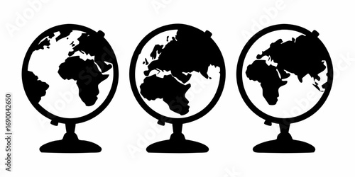 Three black and white globes showing different continents and perspectives on white background view world | editable eps vectors silhouette