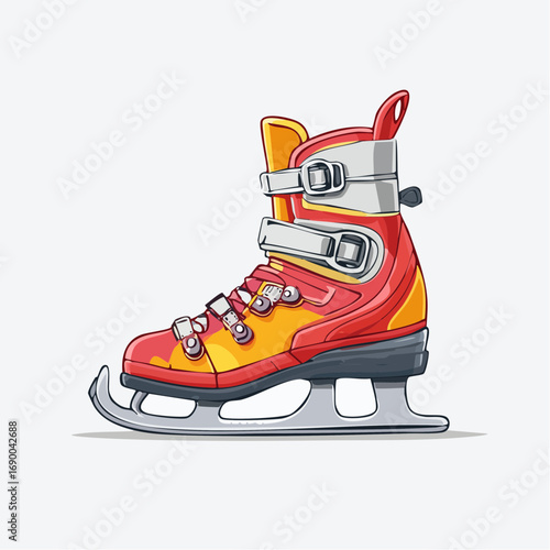 A vibrant red and yellow ice skate with buckles and a sharp blade, depicted in a stylish vector illustration format, isolated on a clean white background