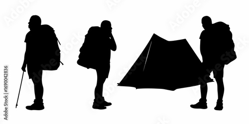 Silhouettes of three hikers with backpacks and a tent in a camping scene against a white background | editable eps vectors