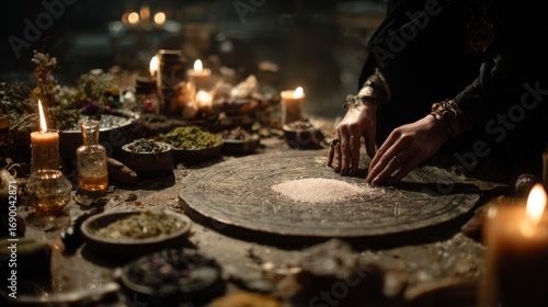 Woman preparing ritual ingredients and arranging candles on table  