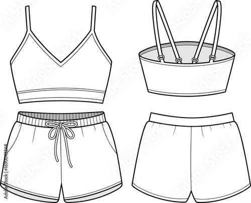 Women sports bra and shorts cad drawing, activewear flat sketch vector, fashion technical design template, athletic clothing illustration, gym wear outline