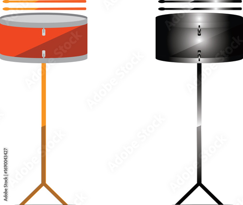 Minimalist vector illustration of two snare drums on stands, one in bright orange and the other in sleek black.