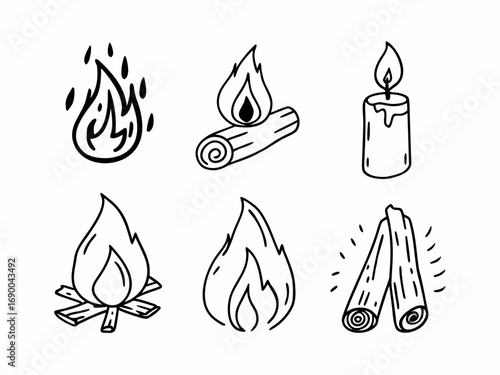 Simple handdrawn fire in lineart set