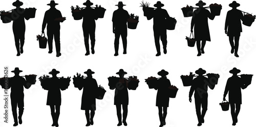 Farmer silhouettes carrying baskets, agriculture workers with vegetables, harvest season, rural farming lifestyle, food production, crop collection, farming illustration design
