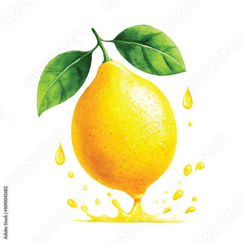 Watercolor Lemon with Green Leaves and Splashing Juice Illustration