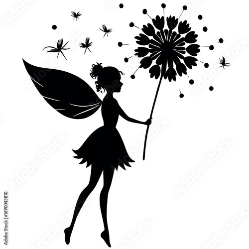 Silhouette of a fairy holding a dandelion isolated on white background, spreading seeds of dreams and wishes