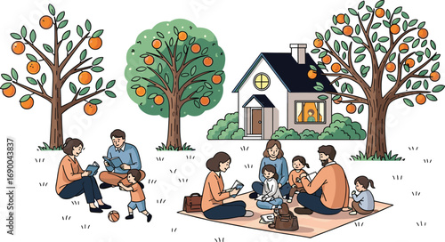 Family picnic in garden, parents reading with children, happy outdoor lifestyle, house with orange trees, nature background, family bonding time