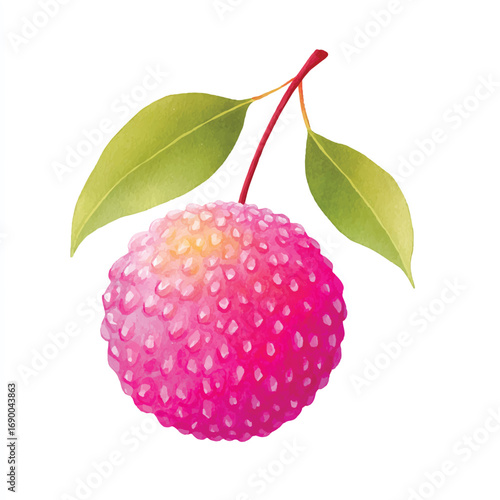 Watercolor Lychee Fruit with Textured Pink Skin and Green Leaves
